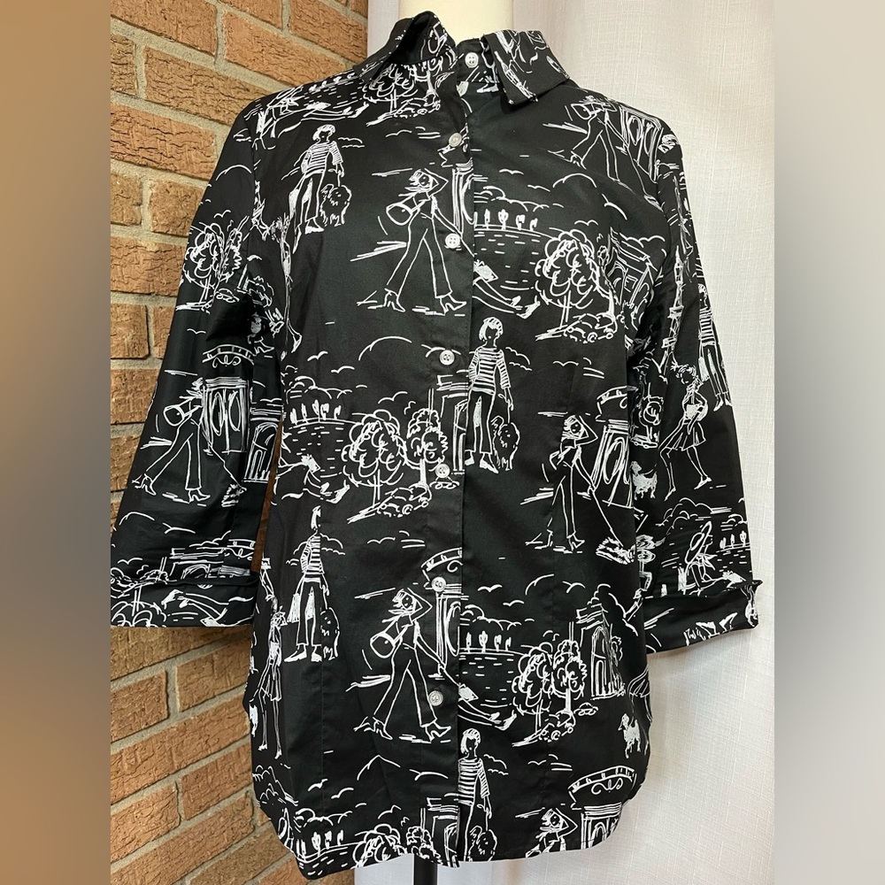 🇺🇸 Stonebridge Black White Scenic Print Blouse Size 8 3/4 Sleeve Resort Top - Picture 2 of 7